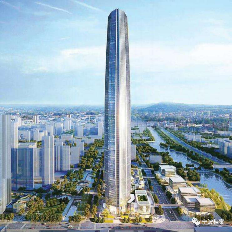 在三江口,新世界广场中在建的宁波塔,高249米.