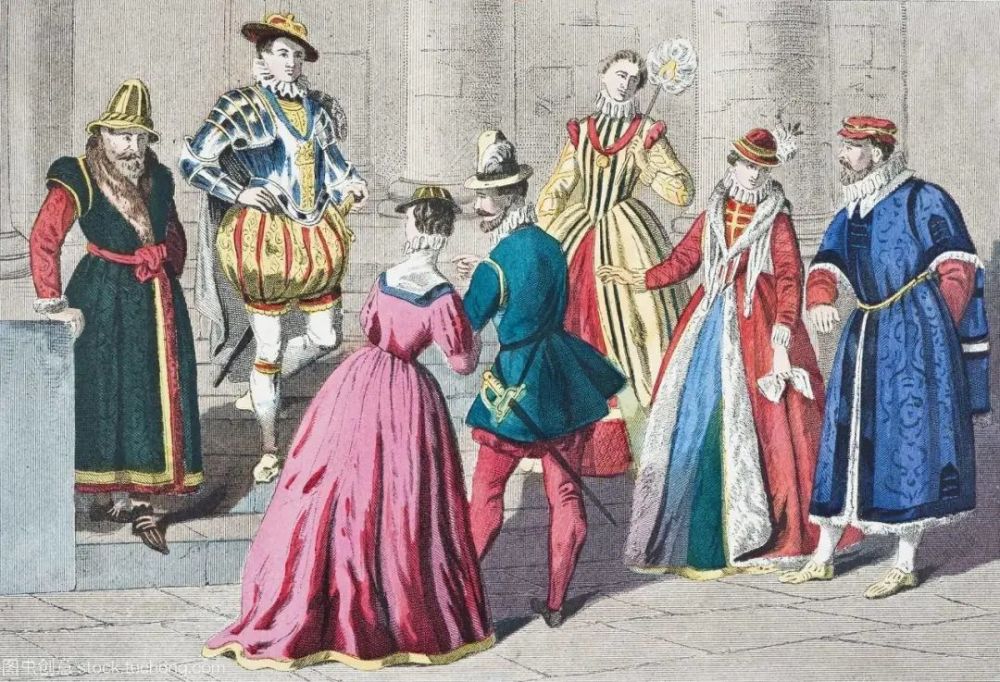 16世纪中期不同阶层的英国服装:从左到右依次是贵族,士兵,中产阶层,两
