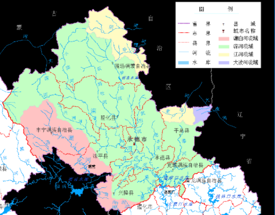 承德市潮滦河水系示意图 滦河流域位于东经115°30′～118°45′和