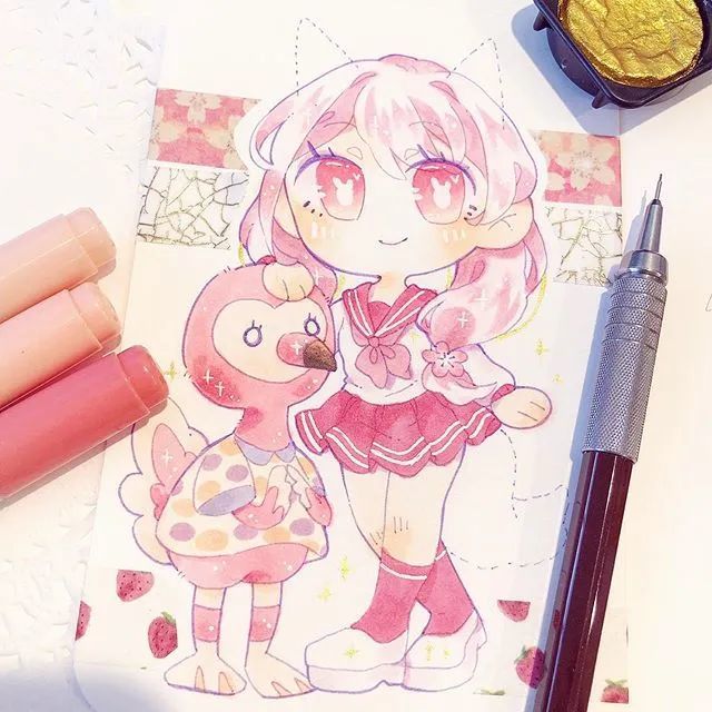 【马克笔手绘】一组q版卡通漫画少女插画素材