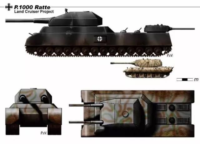 1942年设计版本的p1000"巨鼠"三视图,以及与e-100坦克的体型对比.