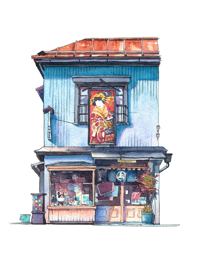 日本插画师マテウシュ清新的水彩街景小屋插画