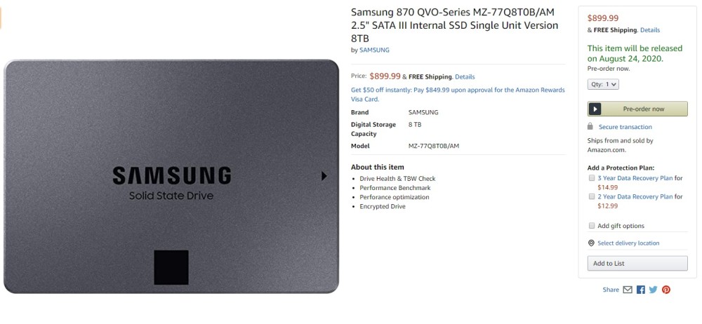 三星870 qvo ssd上架美亚,容量高达 8tb