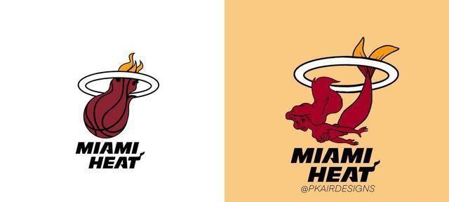 迈阿密热火队的logo原本是一个火焰篮球穿过圆圈,在这里被换成了