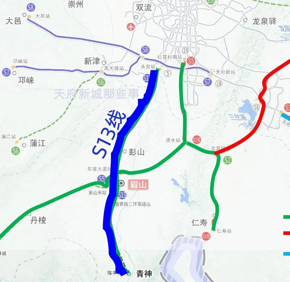 ▼s13线路线走向图而在前日城城对成都向南的市域铁路解读中,再次明确