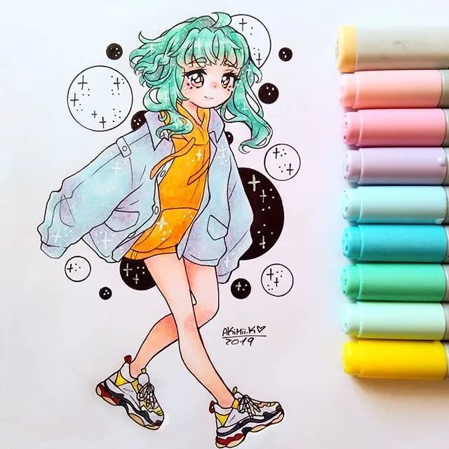 【马克笔插画】巨好看的一大波动漫女孩手绘素材