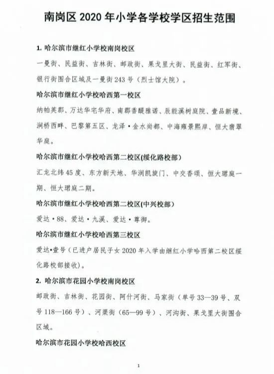 哈尔滨市南岗区2020年小学各学校学区招生范围公布