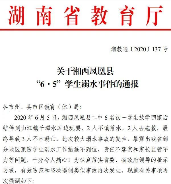 湖南省教育厅:关于湘西凤凰县"6·5"学生溺水事件的通报