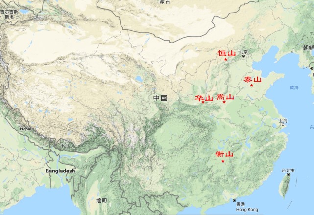 对于这耳熟能详的五岳,我们可以很容易地从名字中知道他们的相对位置