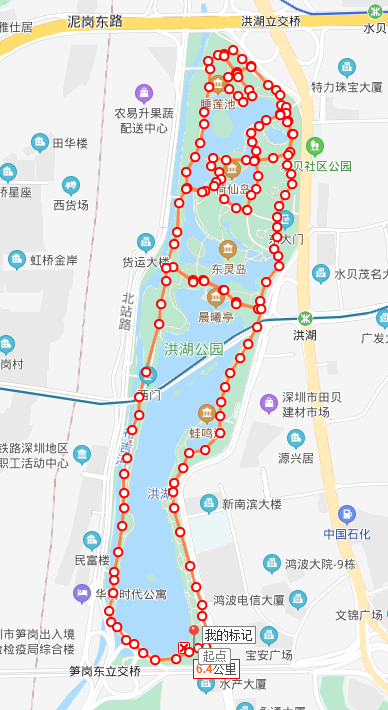 洪湖公园园内绿道总长约6.5公里. 洪湖公园位于罗湖区,总面积59.