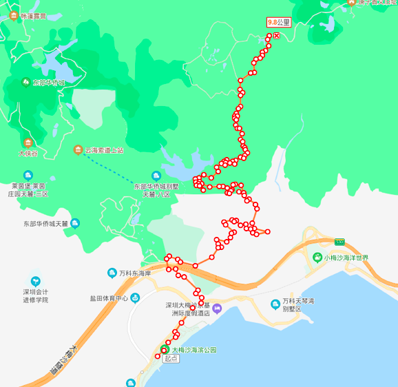 本条线路起始于大梅沙,靠近大梅沙海滨浴场,沿省立2号绿道前往马峦山