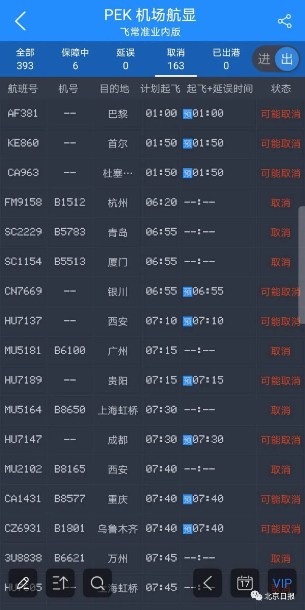 出行提示:北京机场进出港航班大面积取消,进出北京列车免退票费!