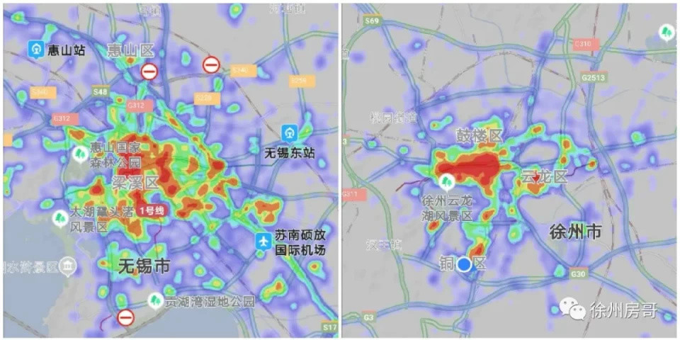 同一比例尺下的无锡,徐州百度热力图对比,时间为今天下午6时.