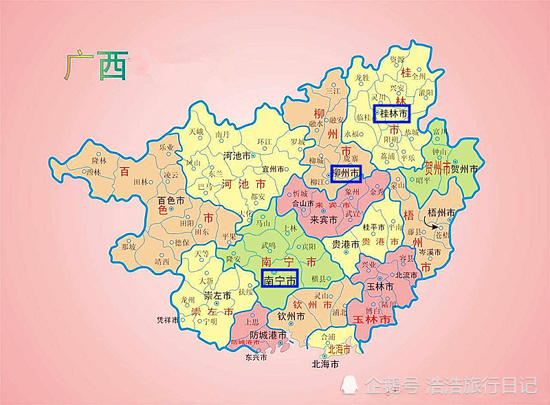 南宁,柳州,桂林三座城市在广西的地理位置示意图