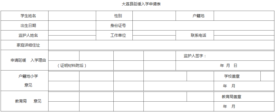 《大荔县延缓入学申请表》