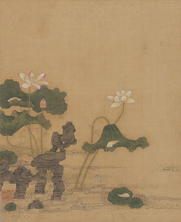 陈洪绶《四时花鸟册页(十开)——荷花》,绢本设色,28.5×23cm,明代