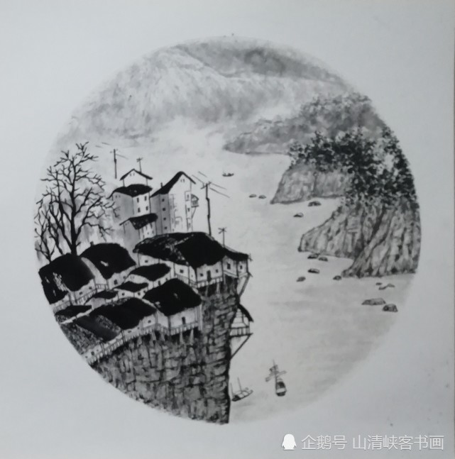 山清峡客学生作品-国画"观古留空",意境深远,布局优美