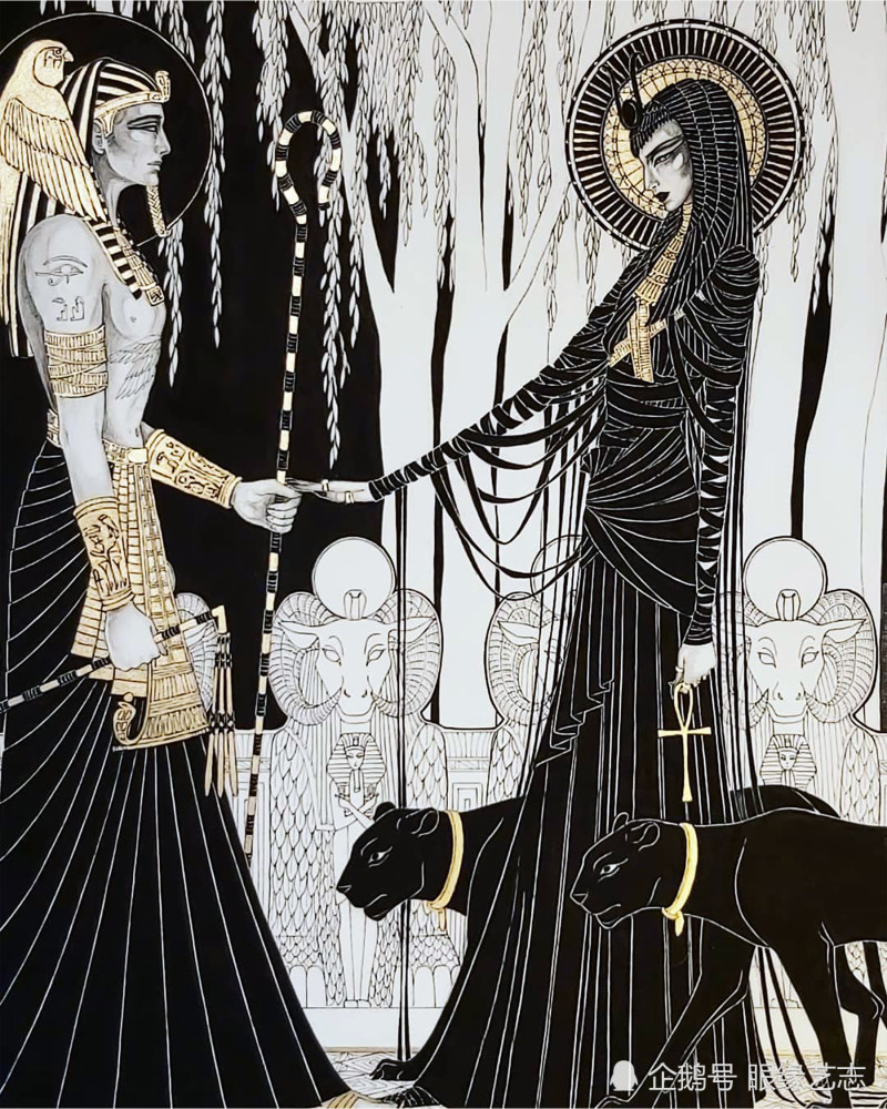 永恒的游荡:黑色,白色与金色的插画,一场埃及神话时装秀