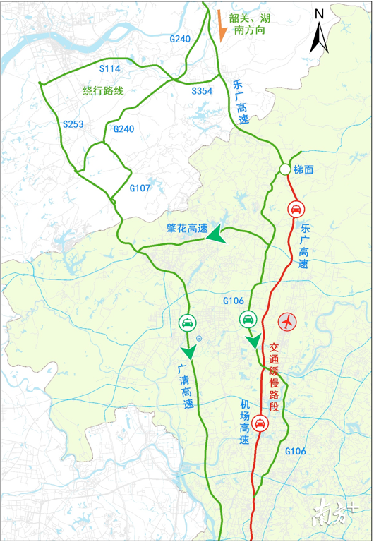 建议来自机场的旅客通过鹤龙路(g106)避开平沙立交段,黄石至三元里