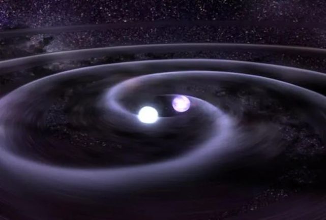 中子星合并及其产生的引力波的概念图.