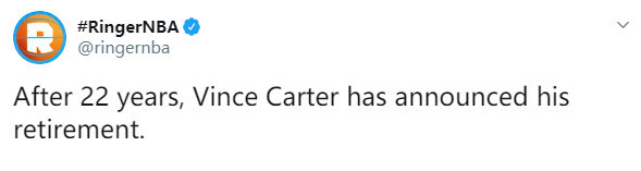 官宣！卡特正式宣布退役 告别22年NBA生涯