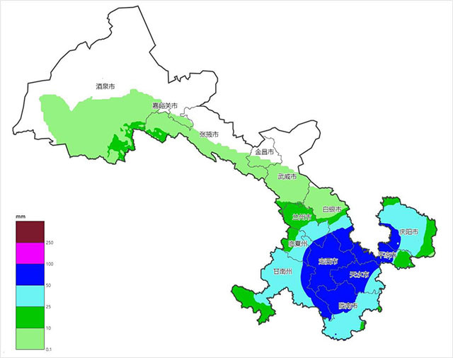 兰州中心气象台制作的甘肃省6月25日20时至26日20时降水落区及降水量
