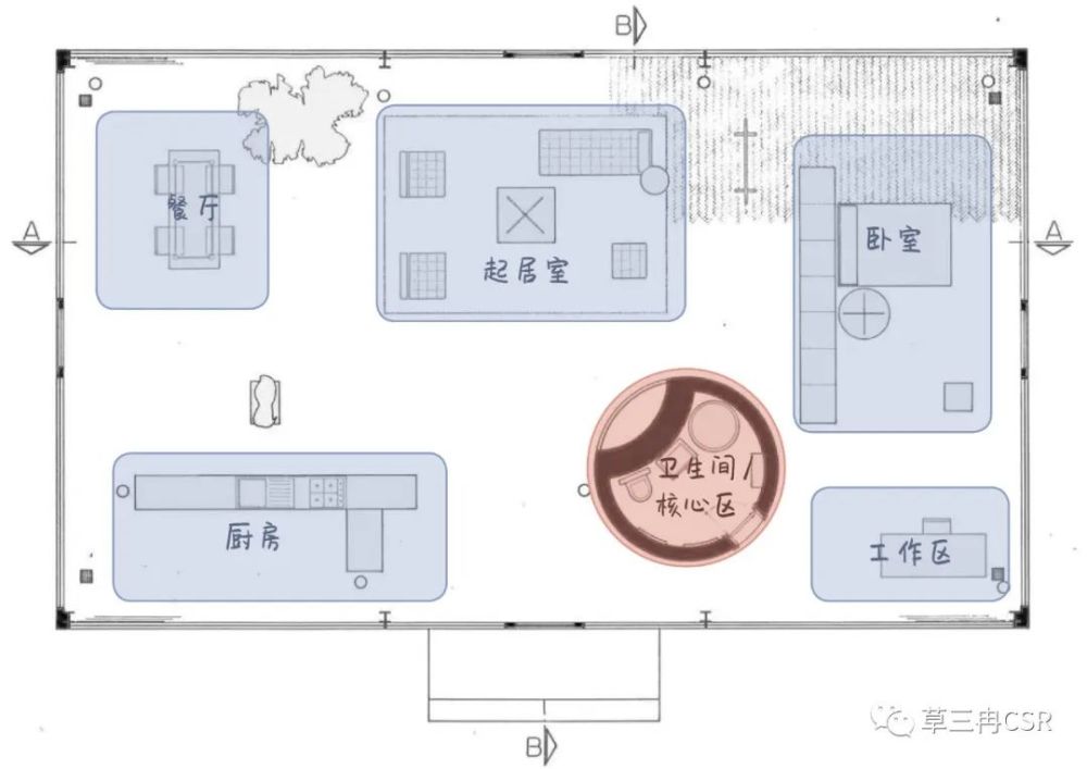 对比范斯沃斯住宅,玻璃屋的布局就显得有些散漫,不够紧凑