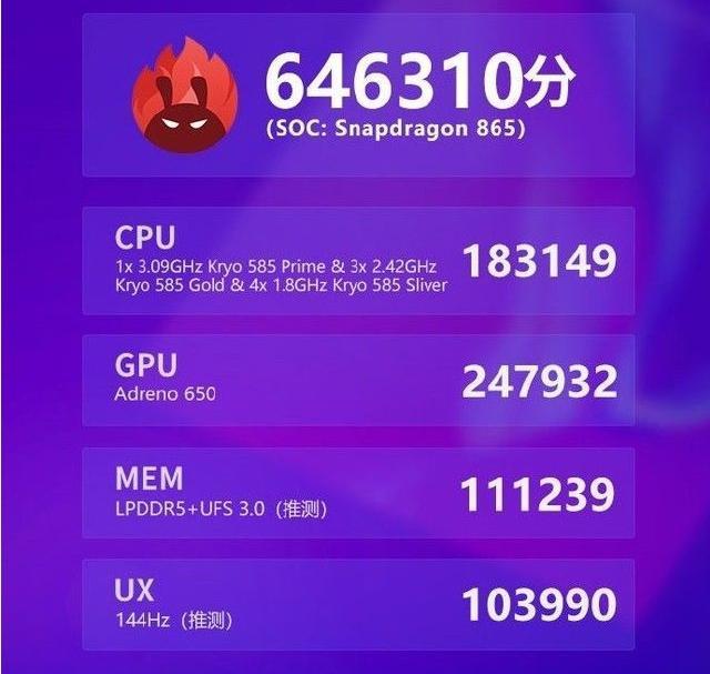 或首发搭载高通865 处理器,安兔兔跑分超64万,还有6000毫安电池
