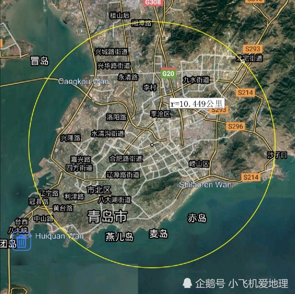 青岛市区范围图,直线距离以两城中心计算 (来自:小飞机爱地理)