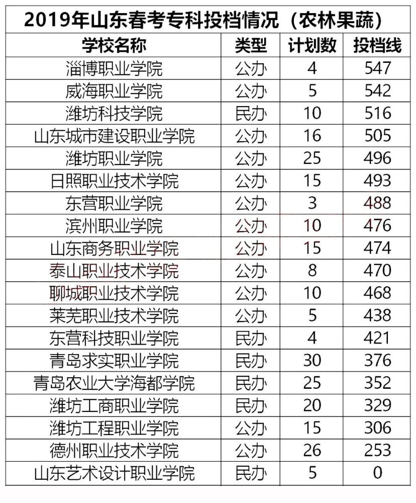 2019年山东春考各专业专科分数线