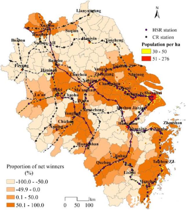 长三角高铁网络对城市交通可达性获益情况模拟,颜色越深表示获益越多