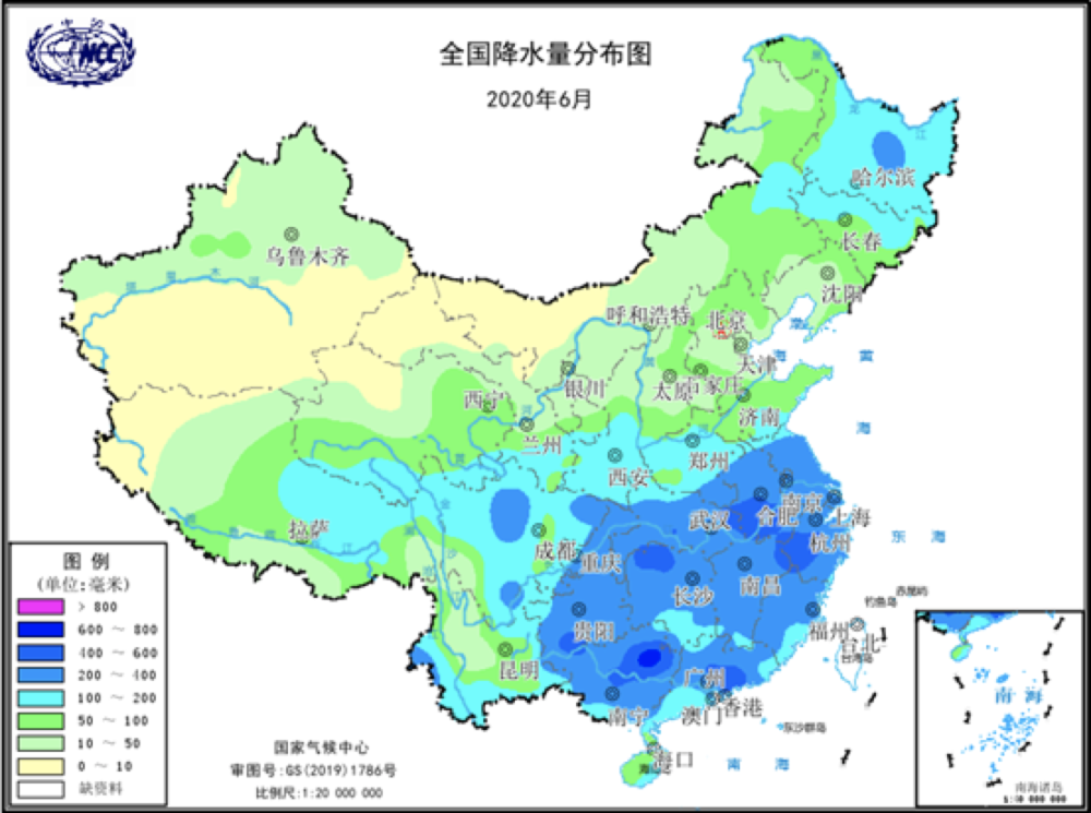 2020年6月全国降水量分布图.