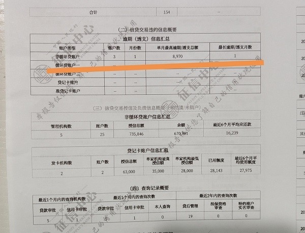 图说:6月11日,陆先生的央行个人征信报告上显示,有8970元借款逾期一个