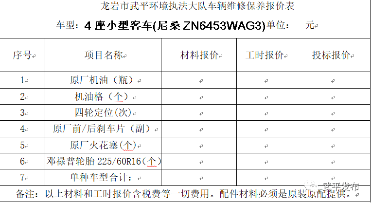 公车归你管!武平一部门发出车辆维修保养服务资格投标邀请公告