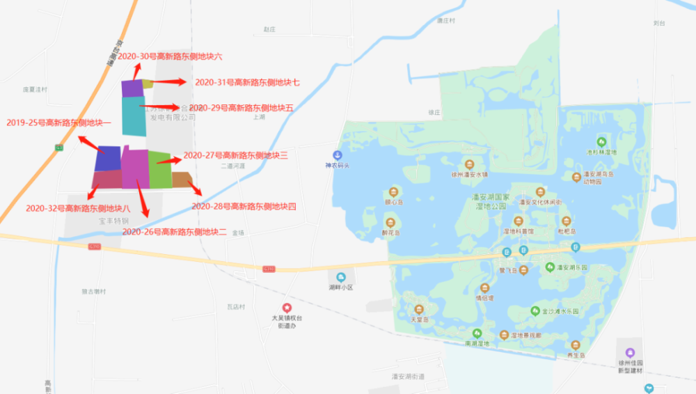 总占地面积476553,八宗地块均位于贾汪区,距离潘安湖不远,地图上