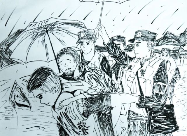 下面这组由基层武警战士 创作的绘画作品 献给正在一线抗洪的勇士们