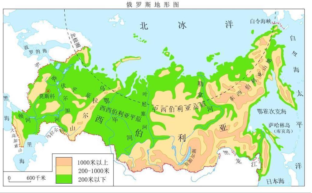 俄罗斯地跨亚洲和欧洲两大洲,以乌拉尔山脉为界,位于山脉以西欧洲部分