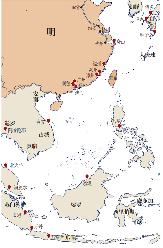 明时期东亚,东南亚贸易据点示意图