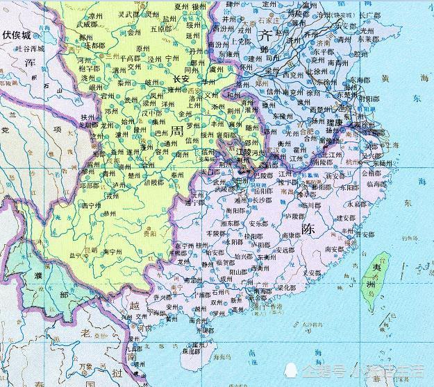 南朝陈国疆域图从地图来看,北周和北齐已占据蜀地和江北地区,呈现出北