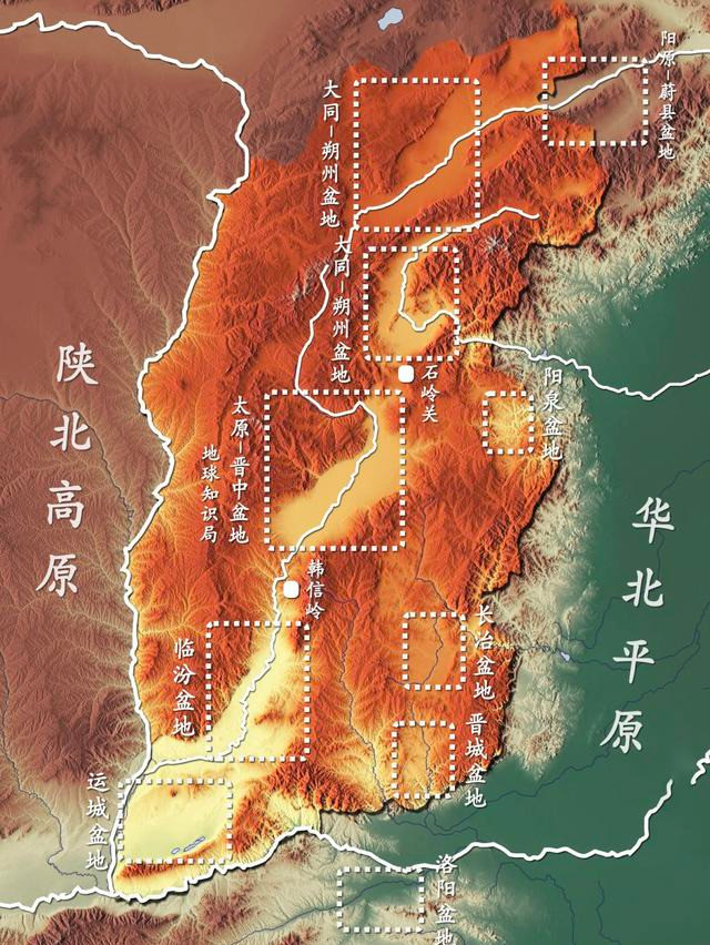 主体轮廓更像是一个"凹"字形,中央走廊两边分布着山西七大盆地,分别