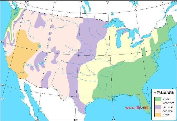 美国年降水量分布图