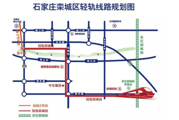 栾城区轻轨起点为石家庄市地铁2号线南端的嘉华站,终点设置在衡井线