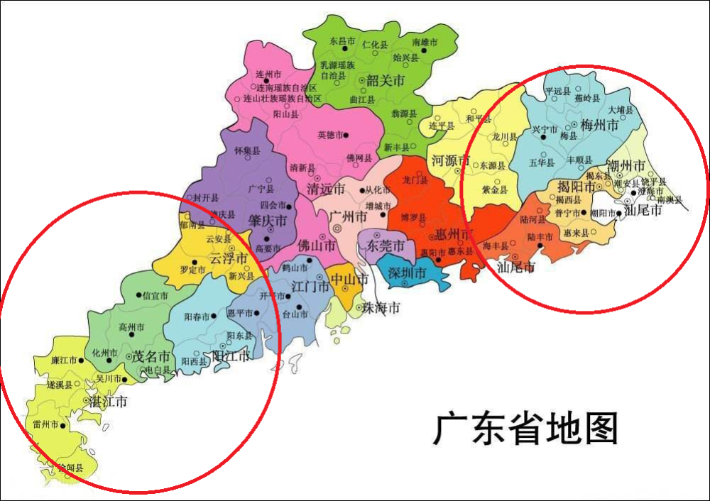 粤西地区合计辖区面积为39536平方公里,粤东地区合计辖区面积为31681