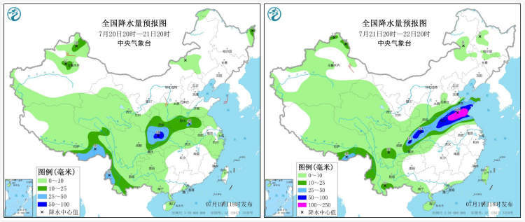 从全国降水量预报图和全国强降雨落区预报图来看,明天上海虽然有雨,并