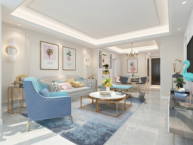 74平米简约美式风格,入户玄关做换鞋凳加鞋柜的组合