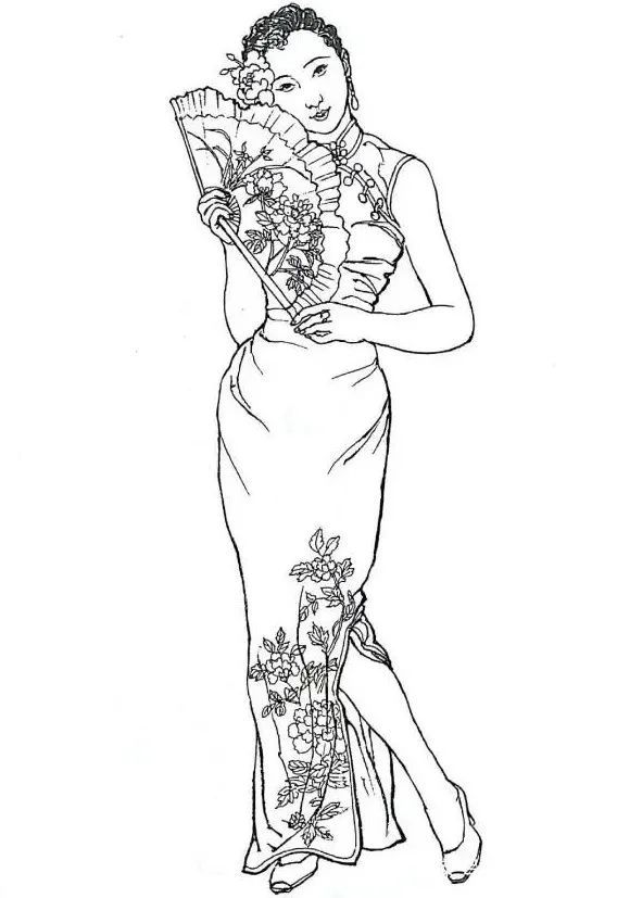 书画联盟丨民国风旗袍女郎白描图