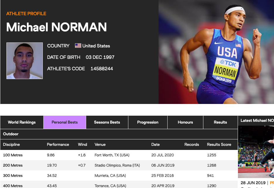 迈克尔·诺曼在男子100米比赛中跑出9.86秒.图/世界田联