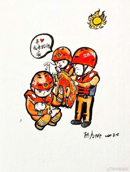 网友手绘消防员洪水中的暖心瞬间