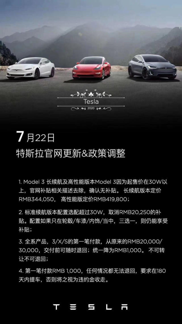 车圈｜特斯拉公布四项销售政策调整：全系车型定金下调至1000元