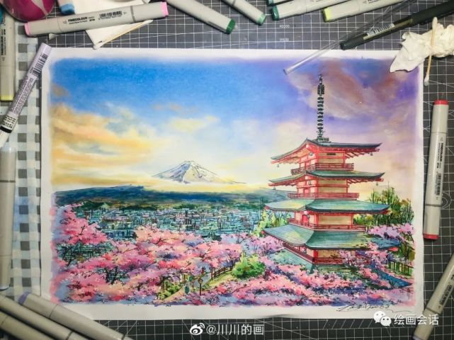 马克笔风景街景手绘设计作品